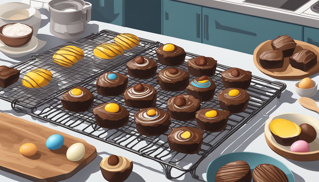 A kitchen counter with a row of chocolate egg brownies cooling on a wire rack, surrounded by scattered baking ingredients and utensils