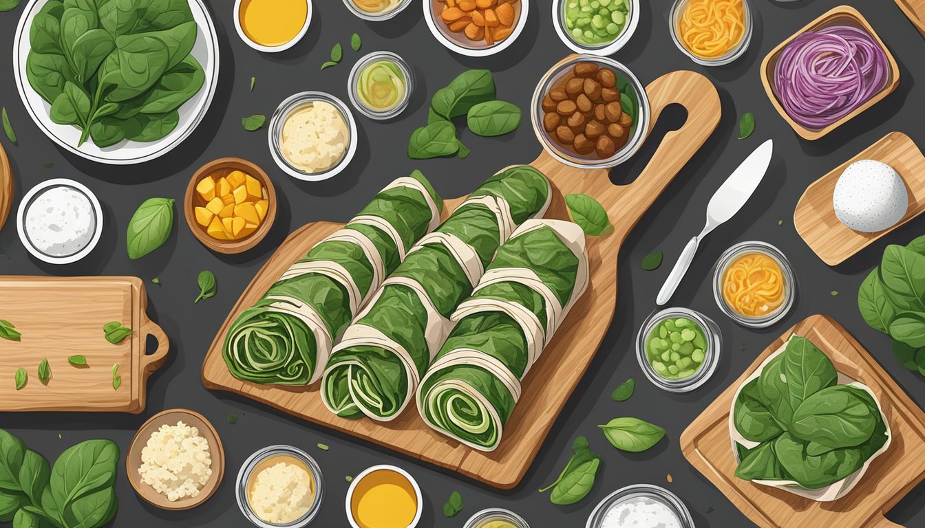 A colorful array of spinach and lamb wraps arranged neatly on a wooden cutting board, surrounded by various meal prep containers and Easter leftovers