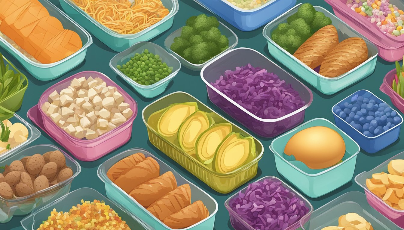 A colorful array of Easter leftovers arranged in meal prep containers, showcasing a variety of nutritious and delicious options for future meals