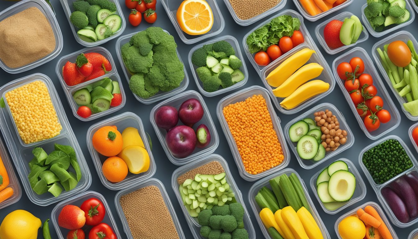 A colorful array of fresh fruits, vegetables, grains, and legumes arranged neatly in meal prep containers, ready for a week of nutritious plant-based eating