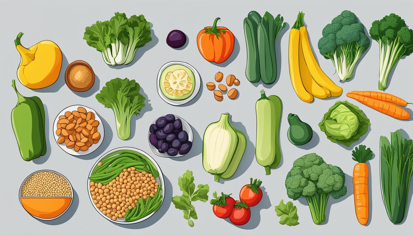 A colorful array of fresh vegetables, fruits, grains, and legumes arranged on a clean, modern kitchen counter, ready for vegan meal prep