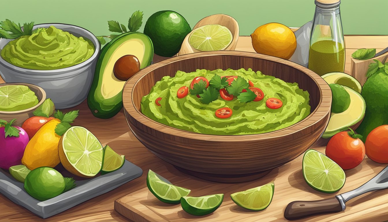 A wooden bowl filled with classic guacamole, garnished with lime wedges, surrounded by colorful ingredients and utensils on a kitchen counter