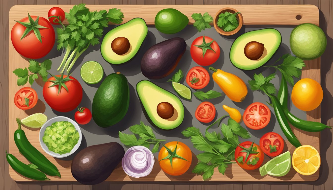 A colorful array of traditional Mexican ingredients, including avocados, tomatoes, chiles, and cilantro, laid out on a wooden cutting board