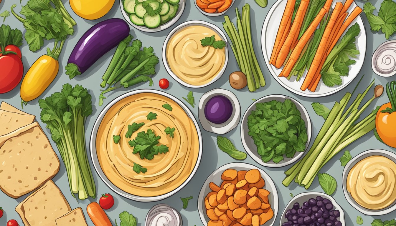 A colorful array of veggie sticks arranged around a bowl of creamy hummus, set against a backdrop of fresh ingredients and kitchen utensils