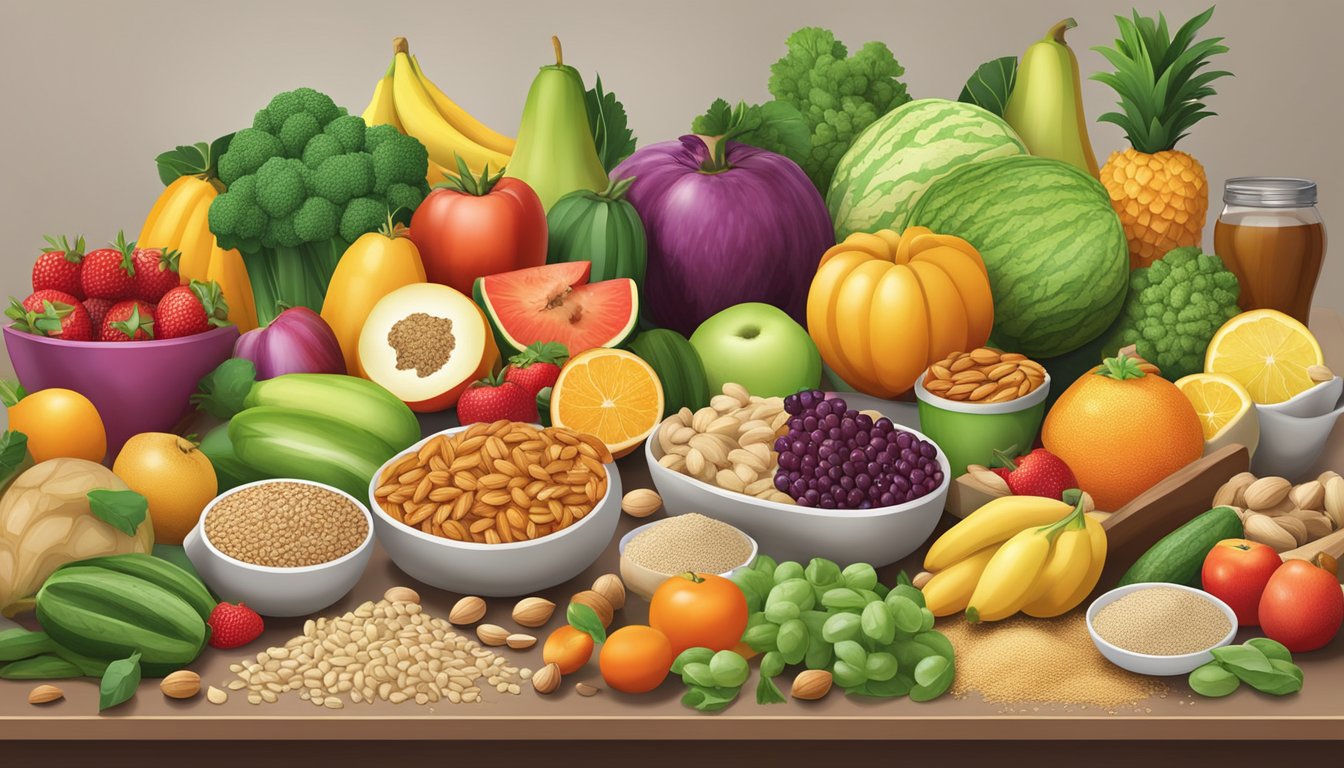 A colorful array of fresh fruits, vegetables, nuts, and whole grains spread out on a clean, organized kitchen counter