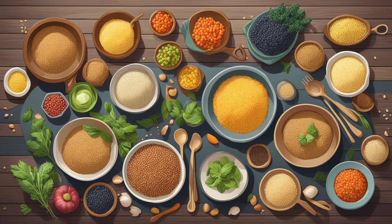 A colorful array of quinoa-based dishes arranged on a wooden table, surrounded by fresh ingredients and cooking utensils