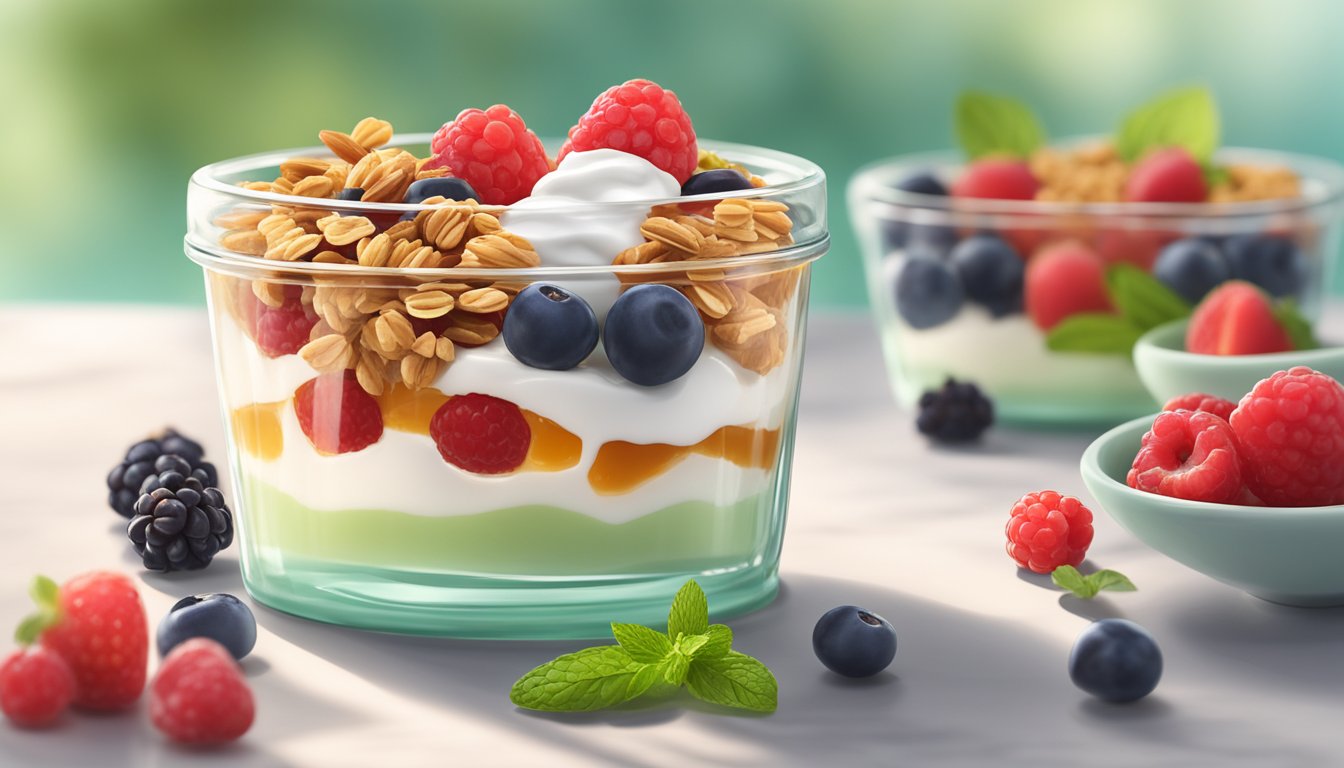 A glass parfait dish filled with layers of Greek yogurt, granola, and drizzled honey, surrounded by fresh berries and mint leaves