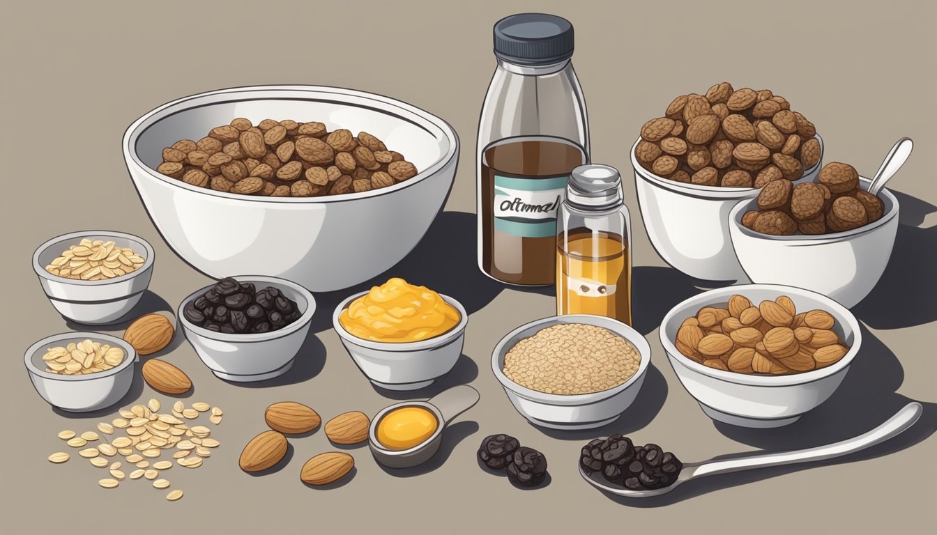 A kitchen counter with ingredients for oatmeal raisin energy bites, including oats, raisins, honey, and a mixing bowl