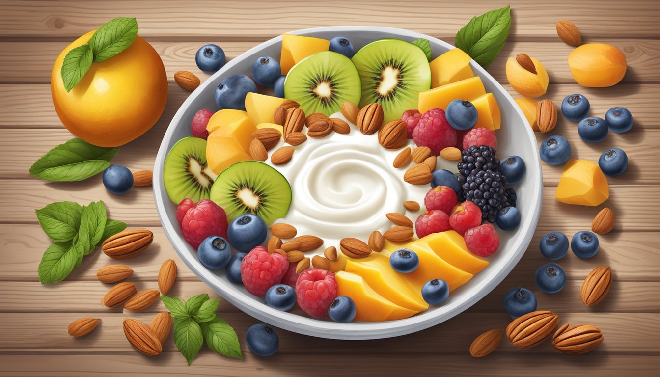 A colorful array of fresh fruits, nuts, and seeds arranged around a bowl of Greek yogurt, with a drizzle of honey, on a rustic wooden table