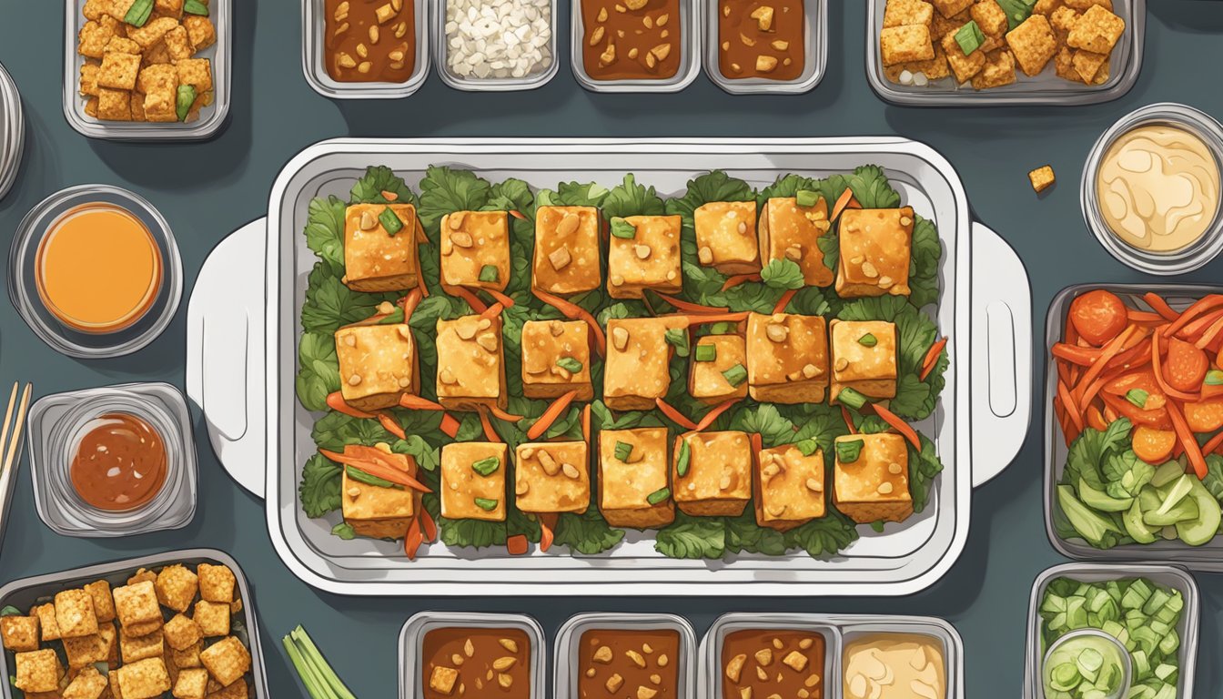 A baking sheet with golden crispy tofu cubes drizzled with sriracha sauce, surrounded by various meal prep containers filled with tofu-based dishes