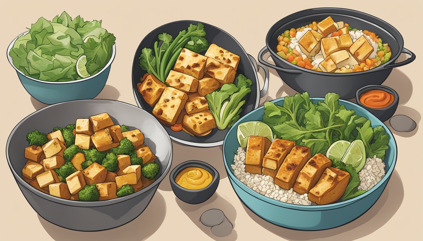 A colorful array of tofu-based meal prep recipes, including stir-fry, salad, and curry, arranged on a kitchen countertop