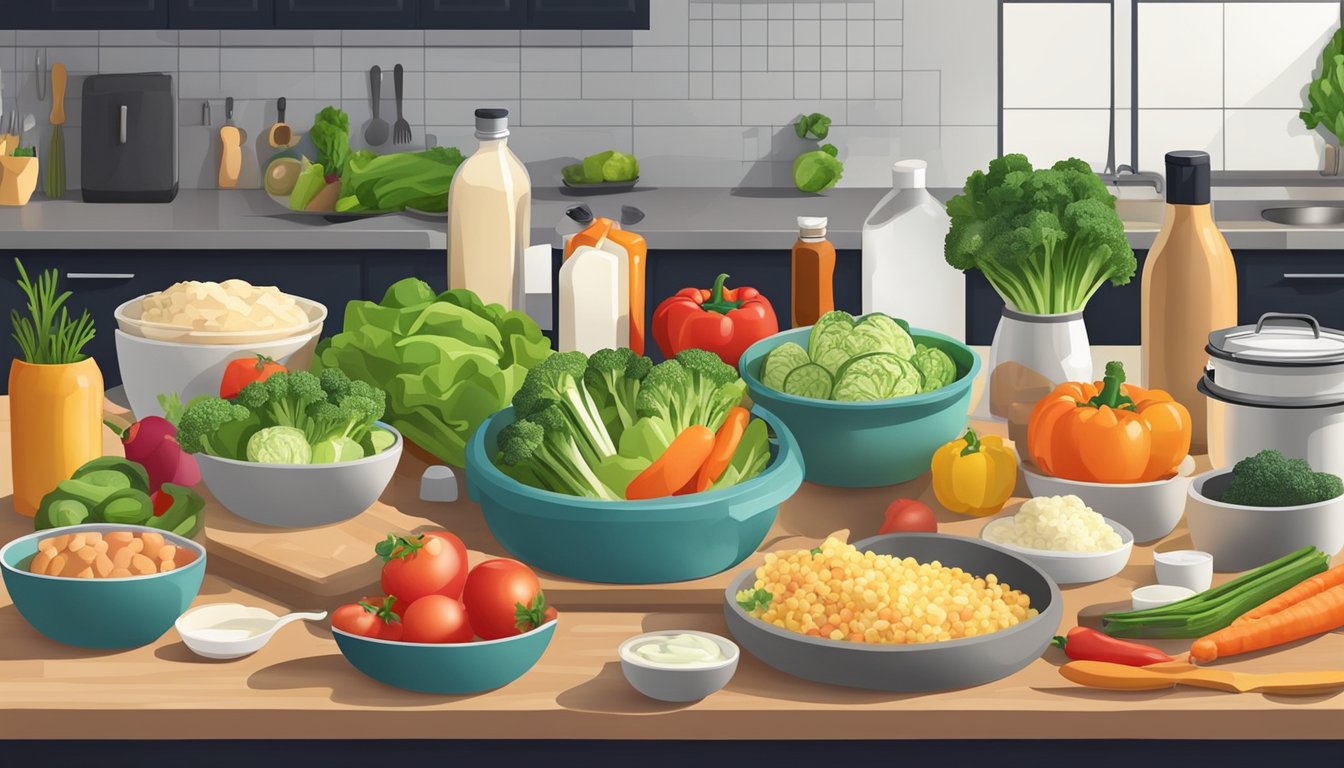 A kitchen counter with various meal prep tools and ingredients laid out, including cutting boards, knives, measuring cups, and a variety of fresh vegetables and proteins