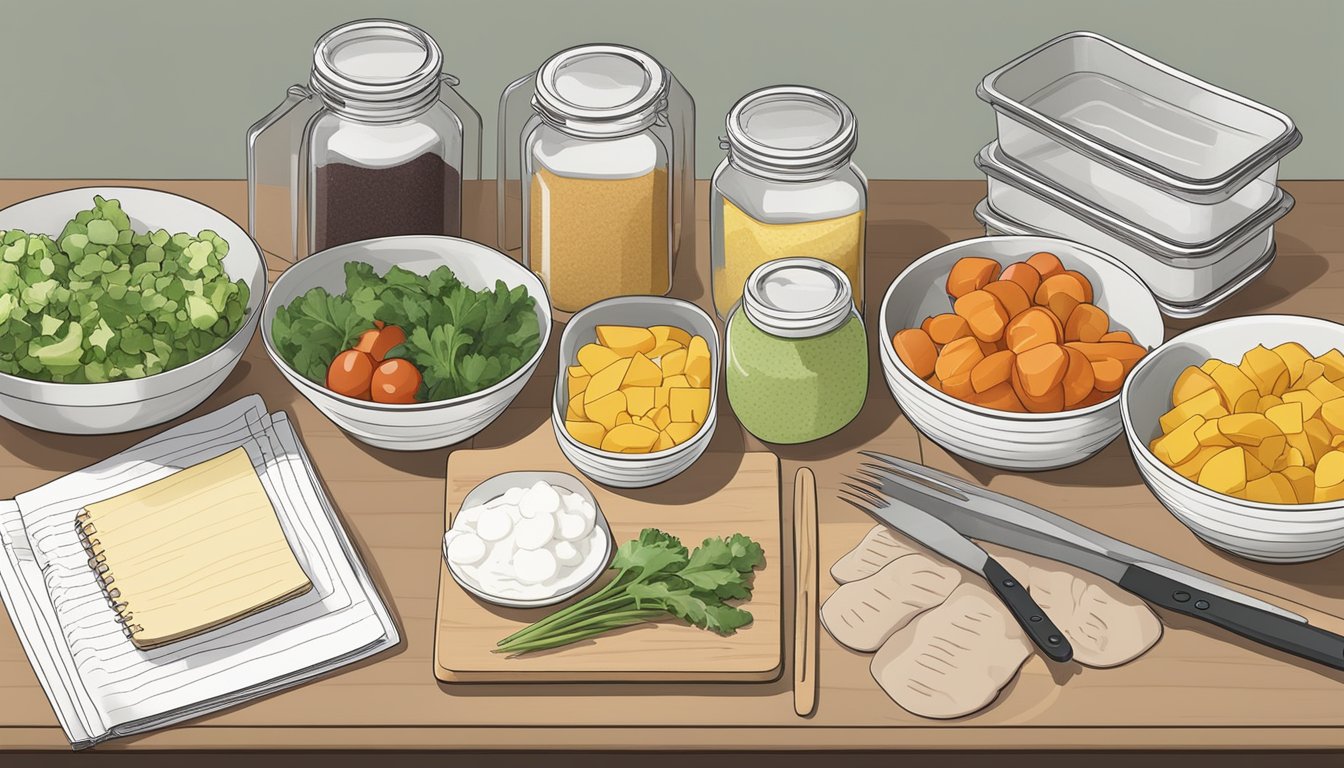 A kitchen counter with organized containers of prepped ingredients and labeled meal plans for the week. Chopping boards, utensils, and a cookbook are nearby