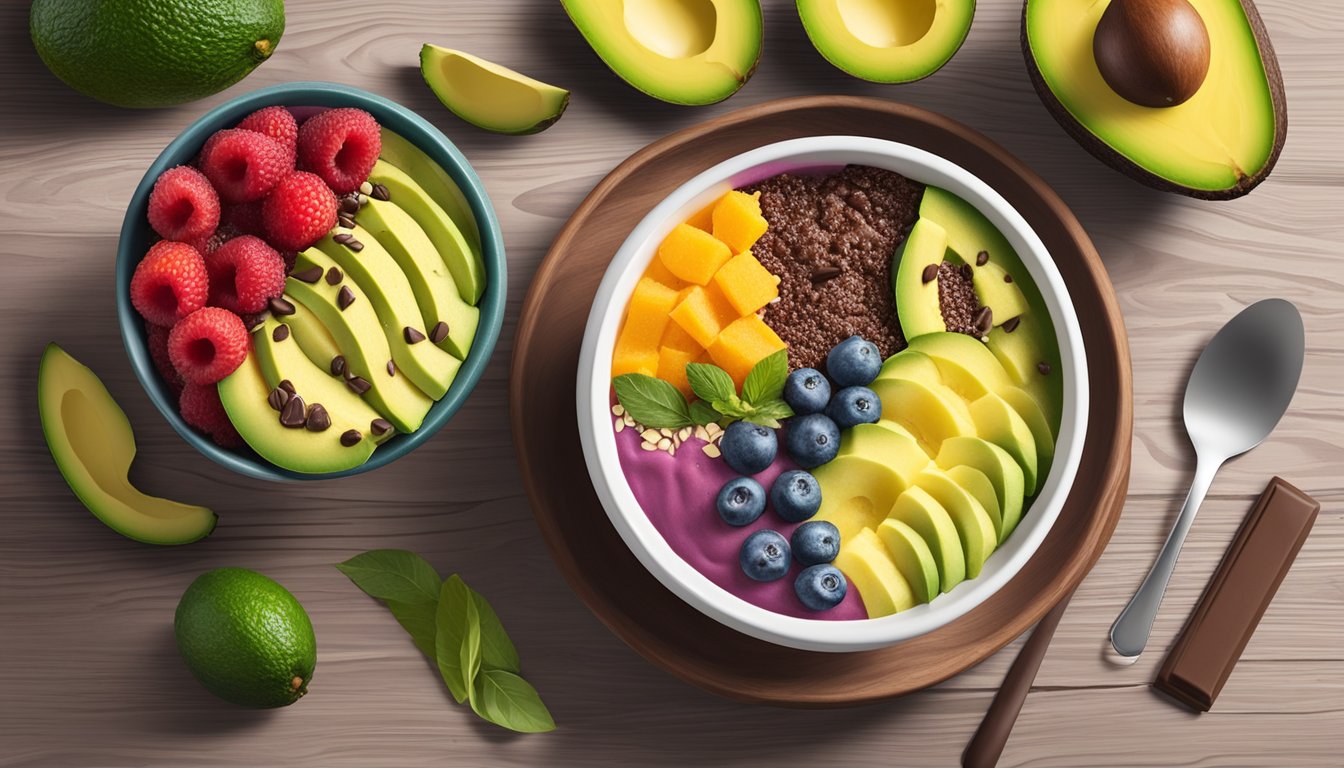 A vibrant smoothie bowl sits on a wooden table surrounded by fresh avocado, chocolate, and other ingredients