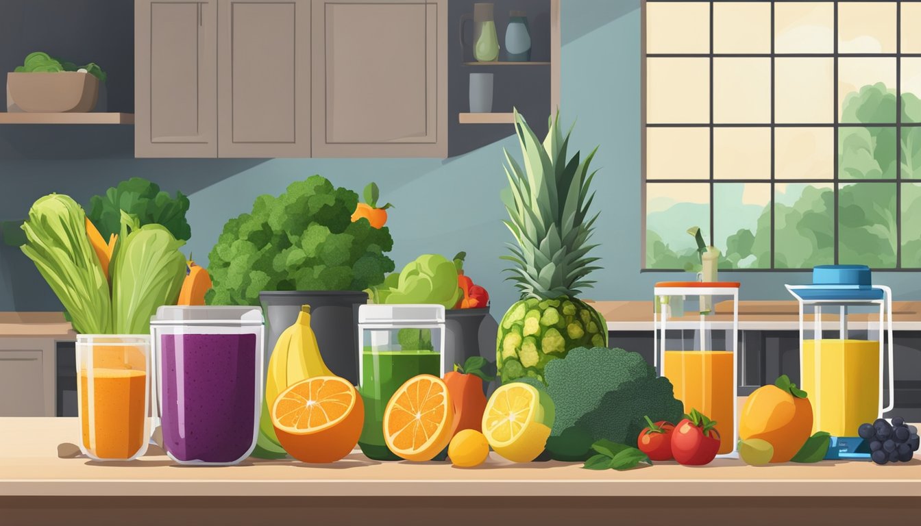 A colorful array of fresh fruits, vegetables, and superfoods arranged on a kitchen counter, with a blender and various containers for meal prepping smoothies