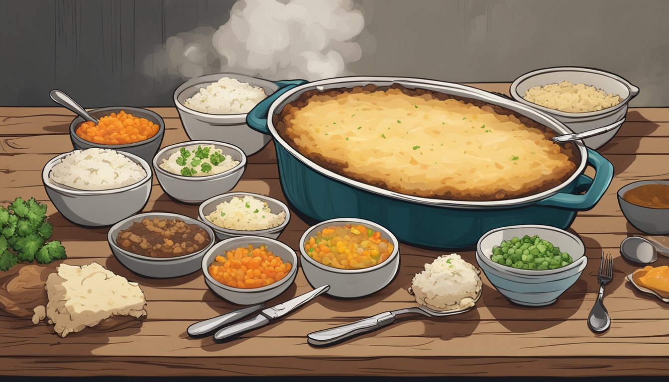 A steaming shepherd's pie sits on a rustic table, surrounded by bowls of leftover ingredients. A spoon and knife lay nearby, ready for meal prep