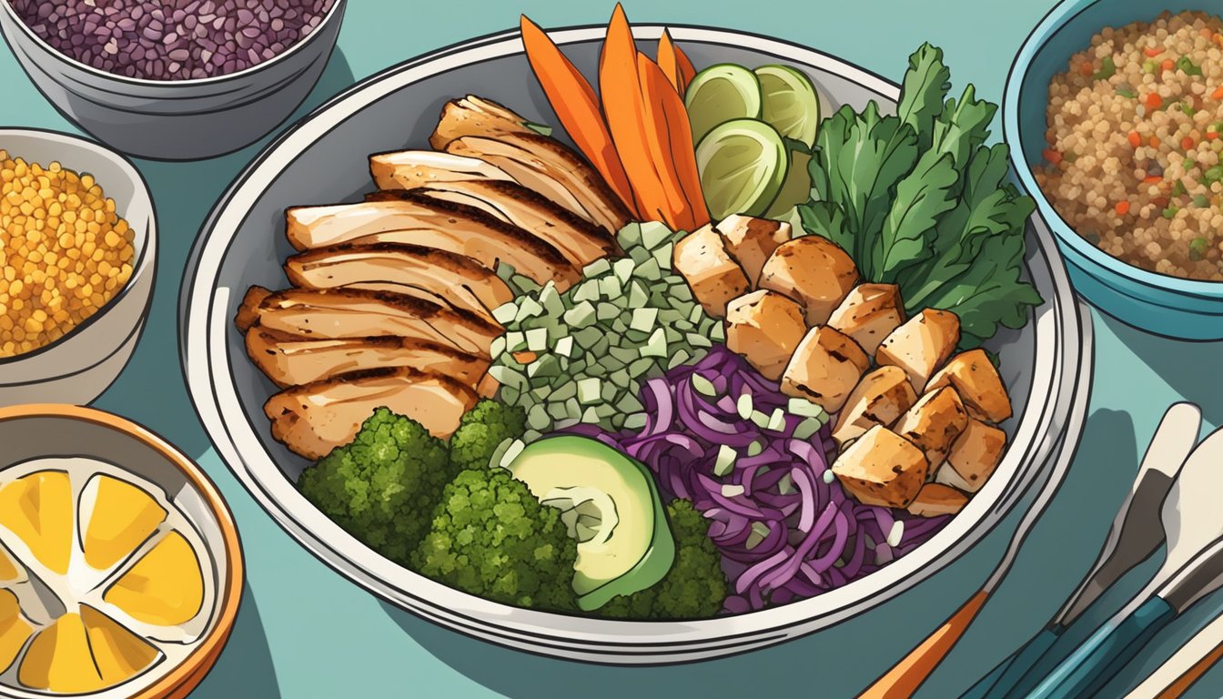 A colorful bowl filled with grilled chicken, quinoa, and assorted vegetables, neatly arranged for a healthy meal prep lunch