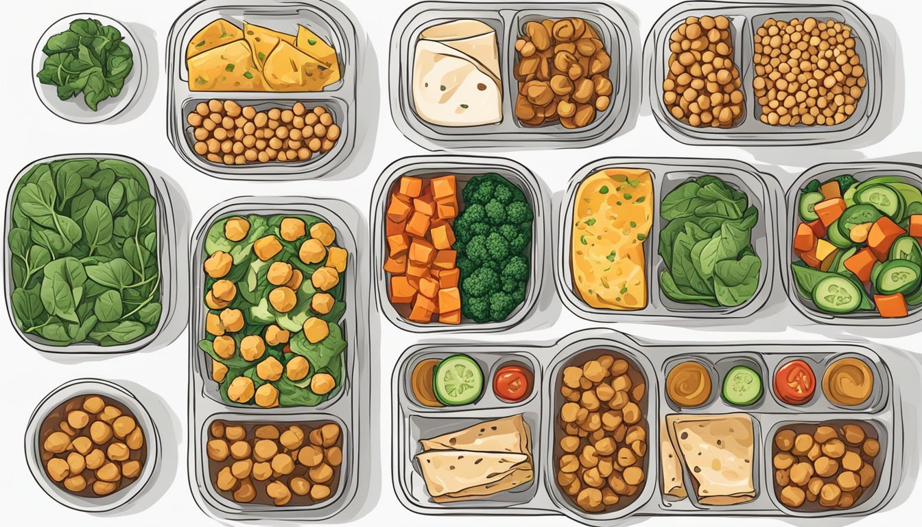 A colorful, neatly arranged lunch spread with a spicy chickpea and spinach wrap, along with four other meal prep lunch ideas for work