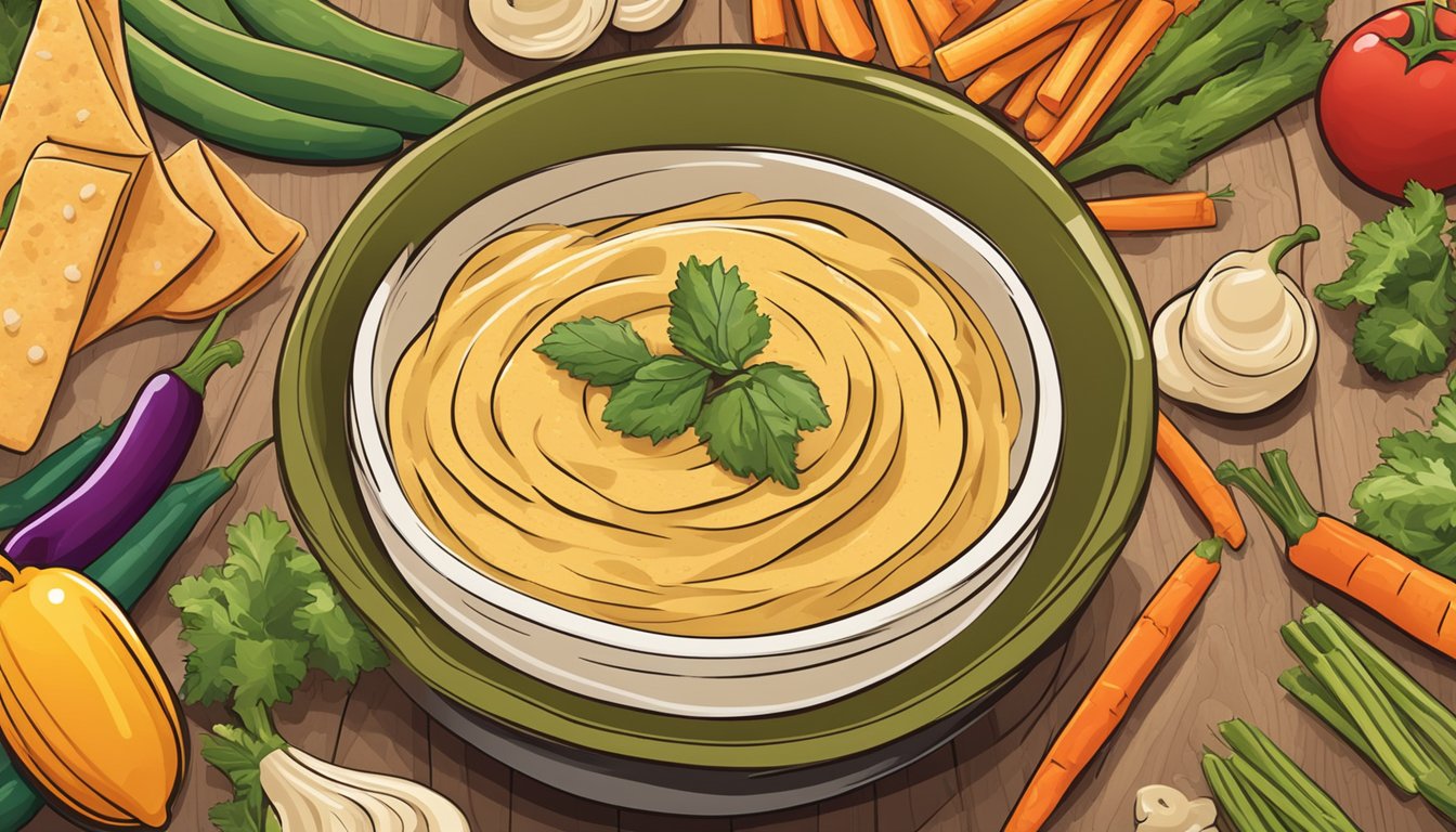 A bowl of hummus surrounded by colorful veggie sticks on a wooden cutting board