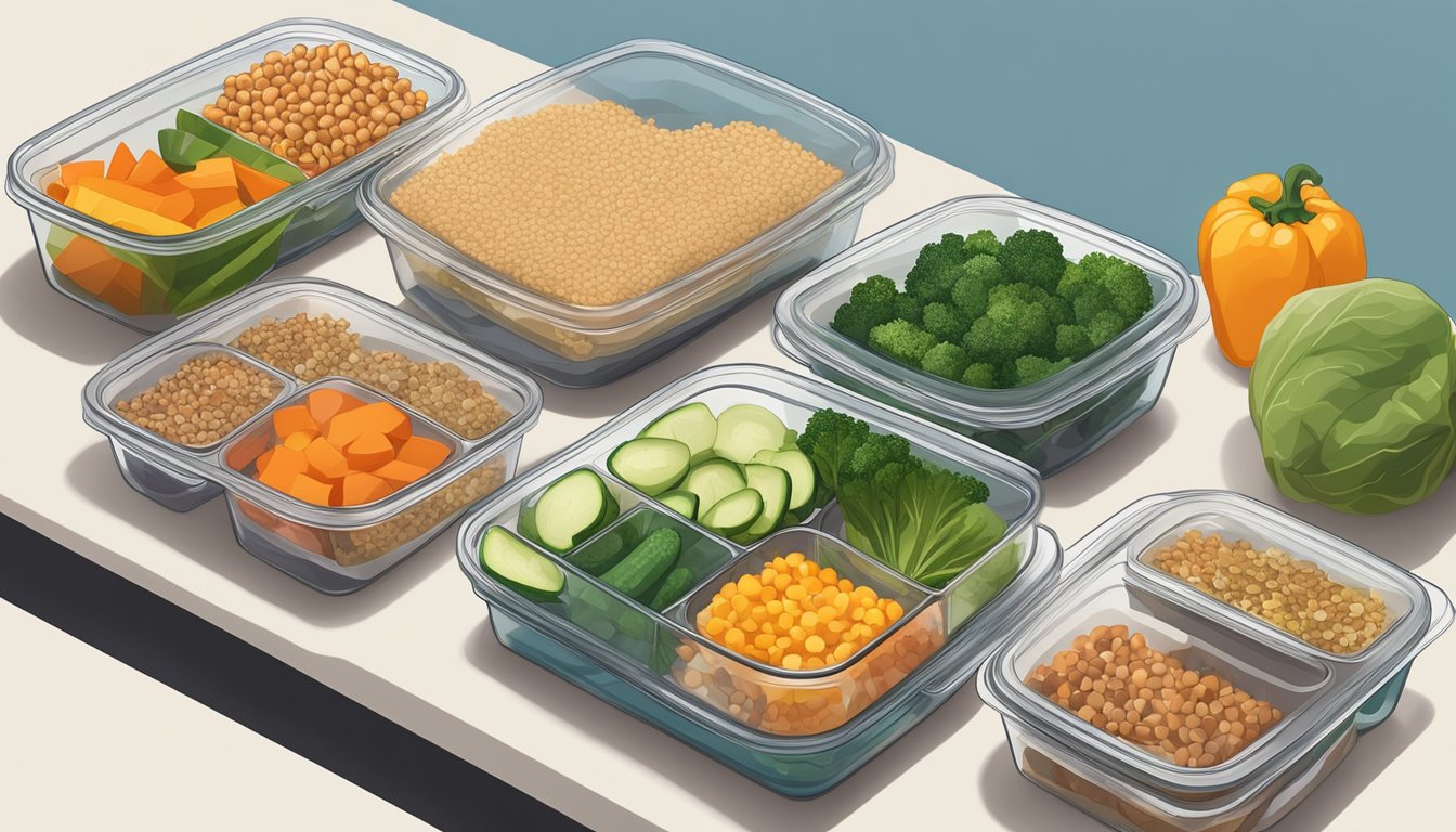 A kitchen counter with five neatly arranged meal prep containers, each filled with a balanced assortment of vegetables, protein, and grains