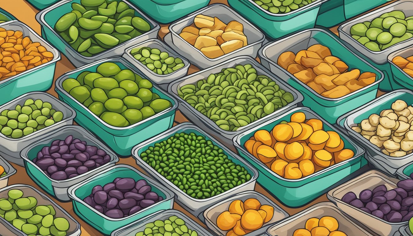 A variety of healthy snacks, including edamame, neatly arranged in colorful, compartmentalized containers, ready to be packed for on-the-go meal prep