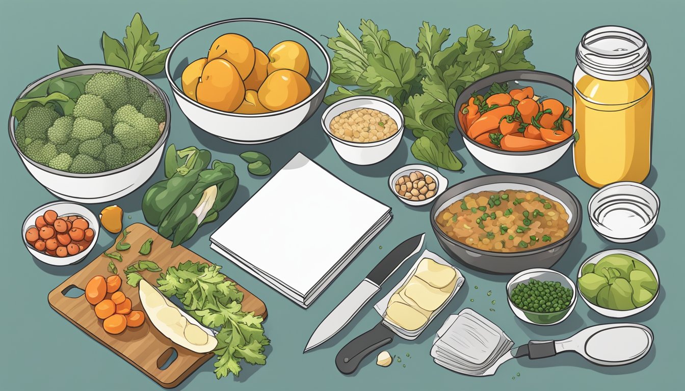 A kitchen counter with various containers filled with prepped ingredients, alongside a cutting board, knife, and a meal prep recipe book