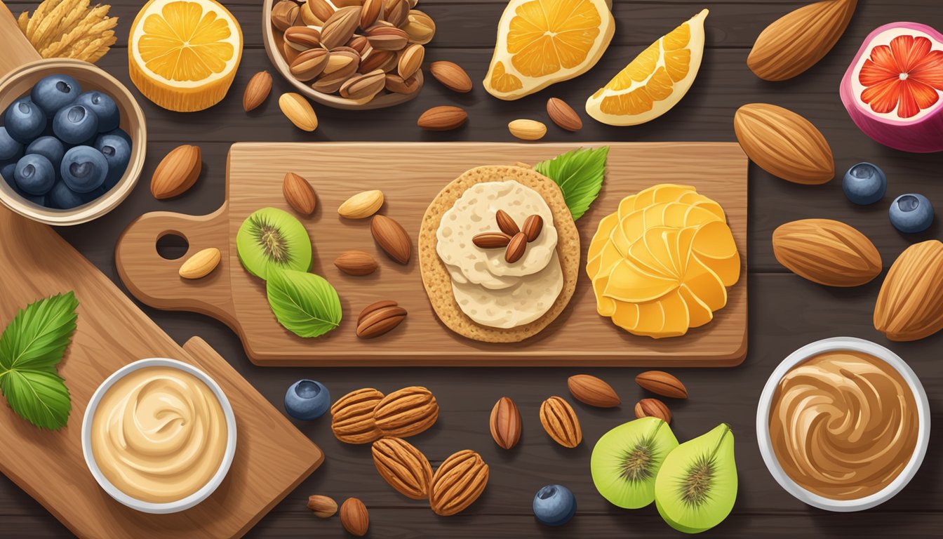 Whole grain crackers spread with nut butter arranged on a wooden cutting board, surrounded by a variety of fresh fruits and nuts