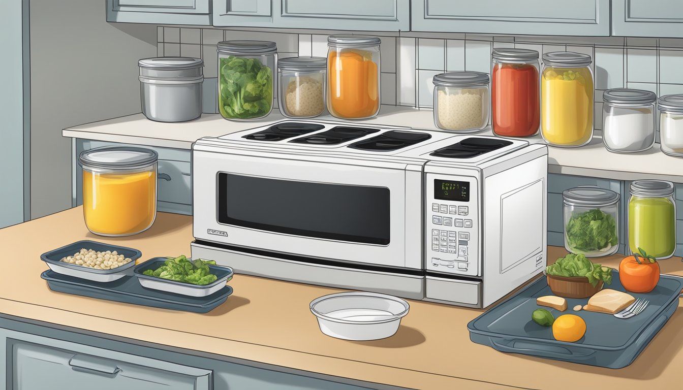 A kitchen counter with neatly organized meal prep containers and a microwave ready for reheating