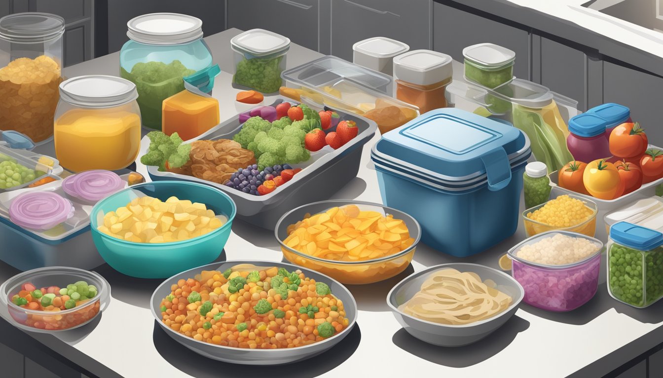 A cluttered kitchen counter with open containers of spoiled food, mismatched Tupperware, and spilled ingredients