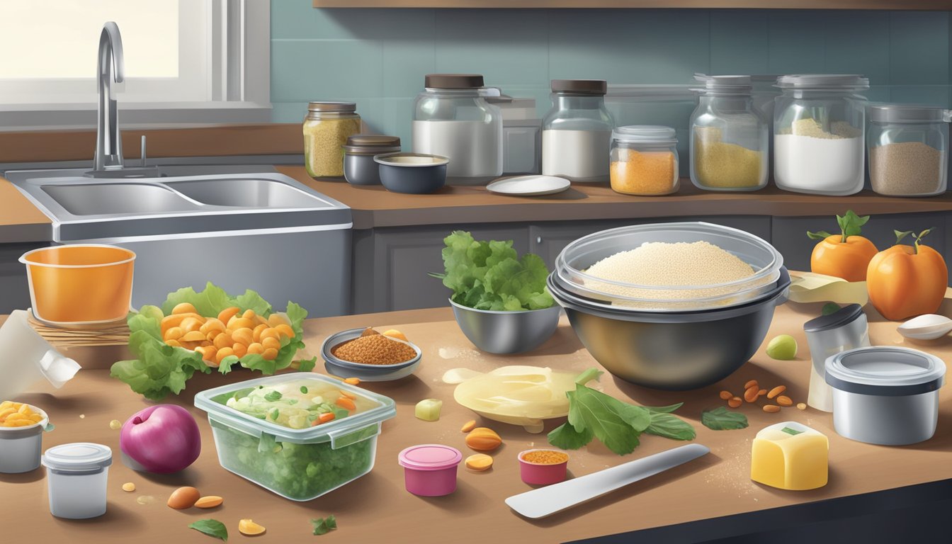 A cluttered kitchen counter with unmarked food containers and spilled ingredients