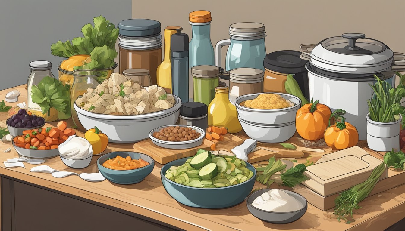 A cluttered kitchen counter with overflowing containers of food, a messy cutting board, and scattered ingredients