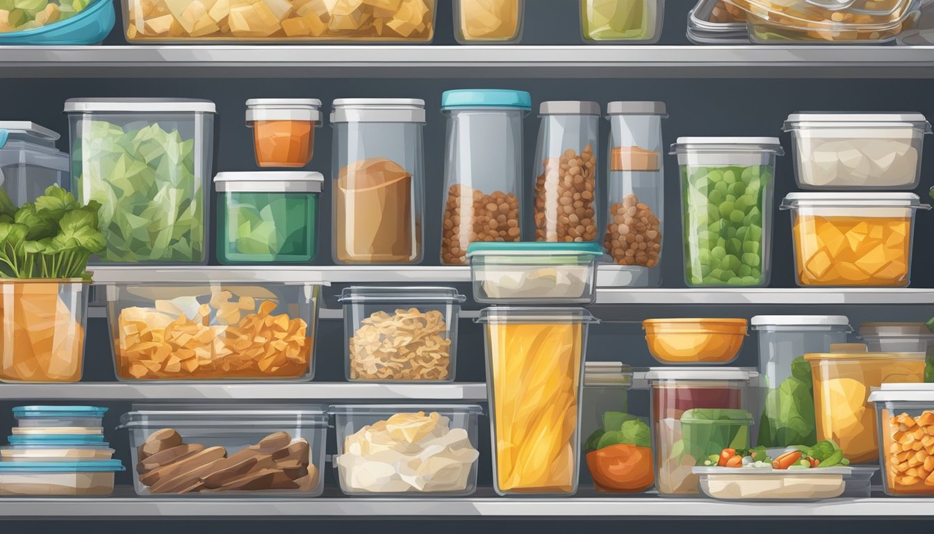 Various food items stored in unsuitable containers, leading to spillage and spoilage. A chaotic and disorganized meal prep area with mismatched containers and unsealed packages