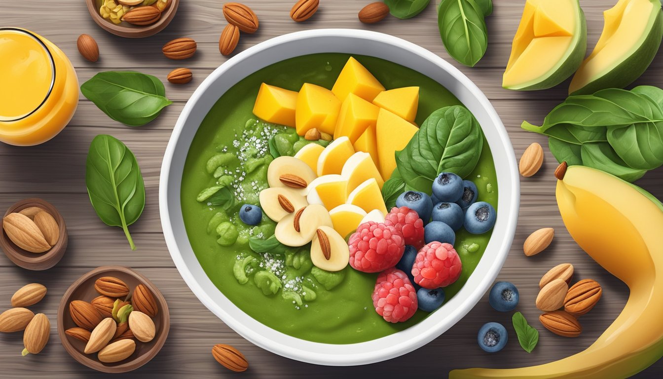 A vibrant smoothie bowl topped with spinach and mango, surrounded by colorful fruits and nuts on a wooden table