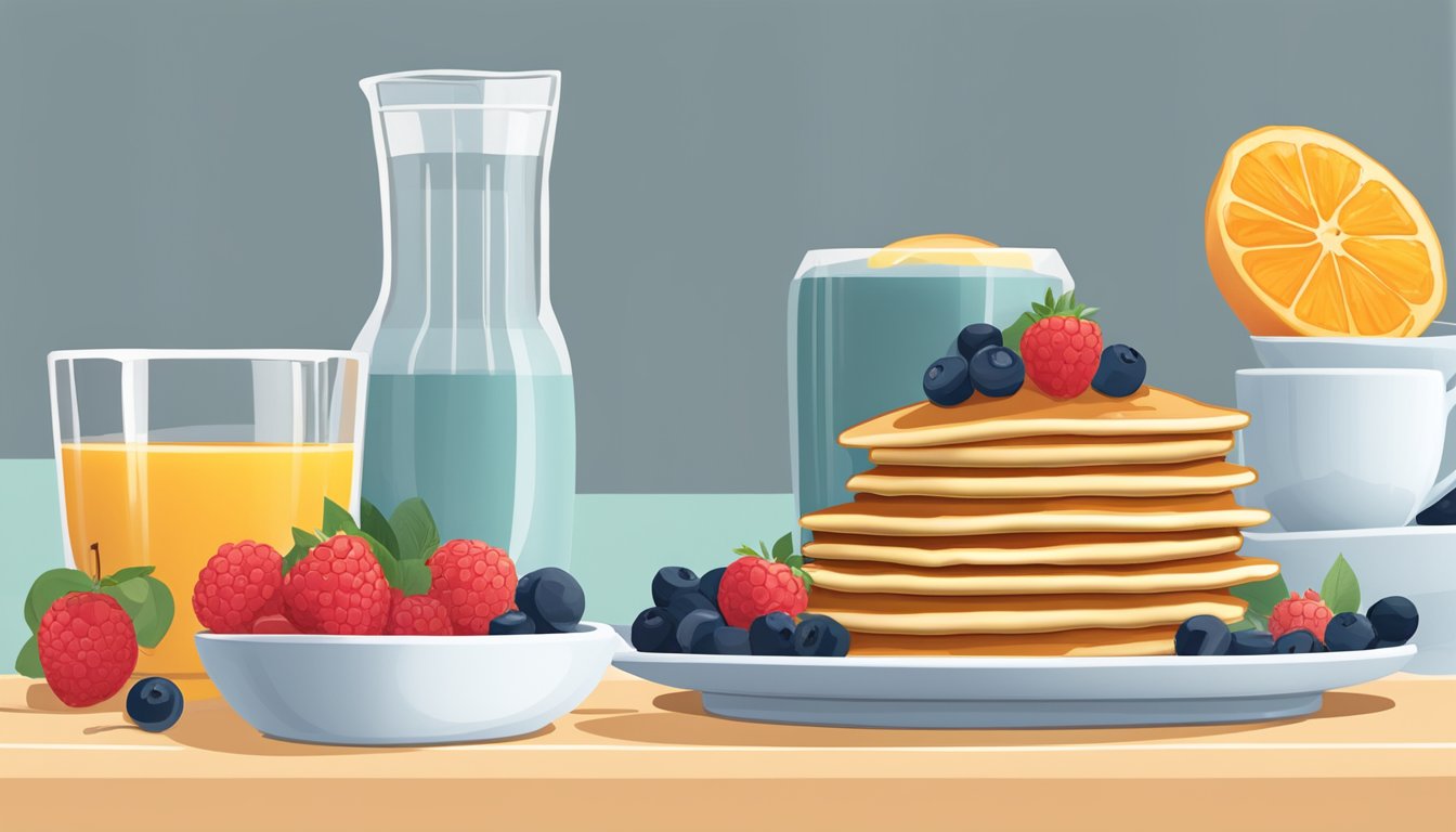 A stack of whole wheat pancakes drizzled with maple syrup on a plate, surrounded by fresh berries and a glass of orange juice