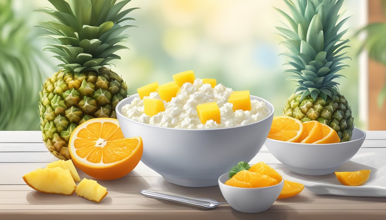 A bowl of cottage cheese topped with pineapple, surrounded by fresh fruit and a glass of orange juice on a breakfast table