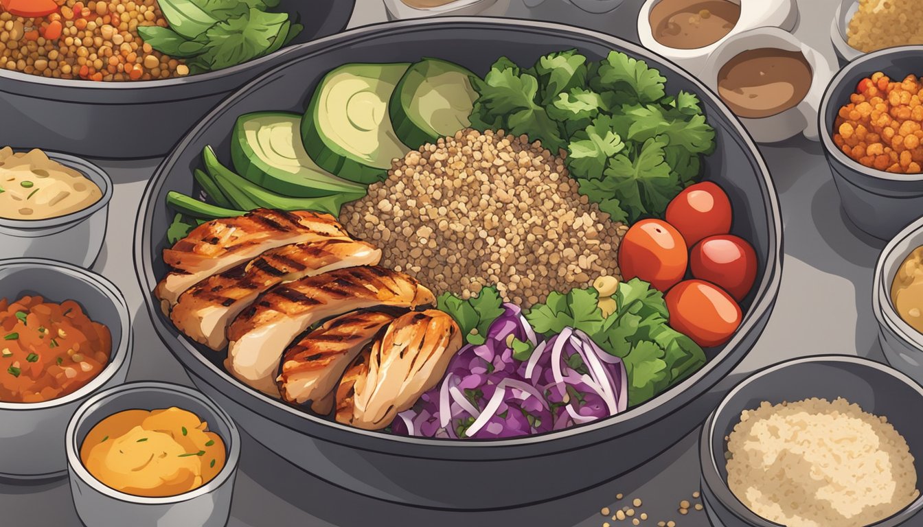 A colorful bowl filled with grilled chicken, quinoa, and fresh vegetables, surrounded by containers of prepared high-protein meal prep recipes