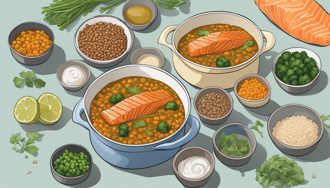 A bowl of salmon and lentil curry surrounded by ingredients and meal prep containers, emphasizing high protein and muscle-building benefits