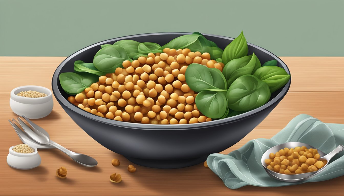 A colorful bowl filled with spiced chickpeas, spinach, and other high protein ingredients arranged in an appealing and appetizing manner