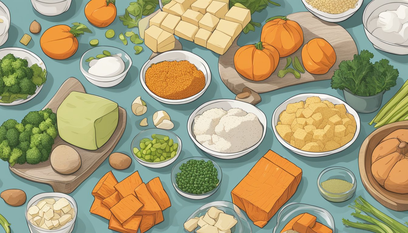 A colorful array of ingredients: tofu, sweet potatoes, and assorted vegetables, arranged on a clean, organized kitchen counter