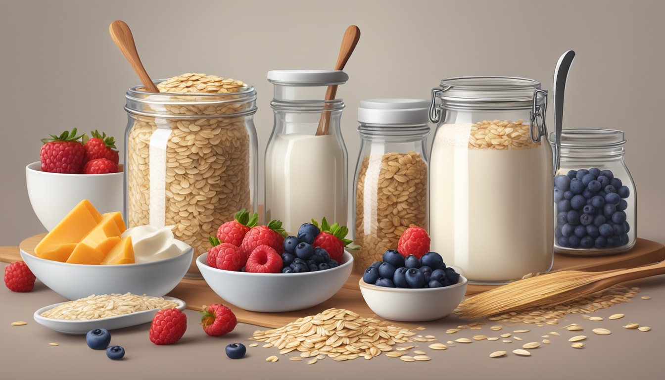 A glass jar filled with layers of oats, yogurt, and fresh berries, surrounded by various ingredients and utensils on a kitchen counter