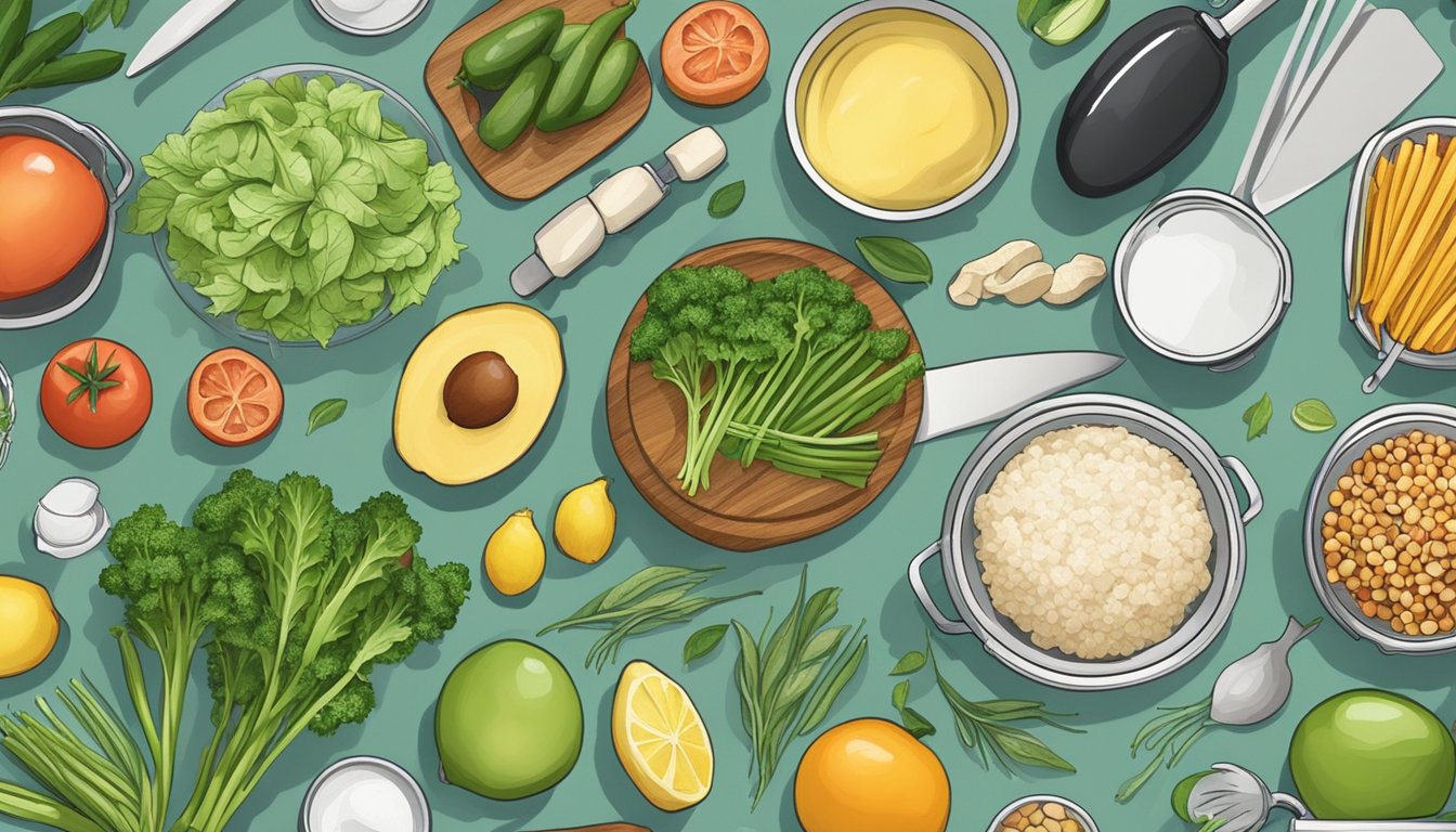 A kitchen counter with various fresh ingredients, cooking utensils, and containers arranged neatly for meal prep