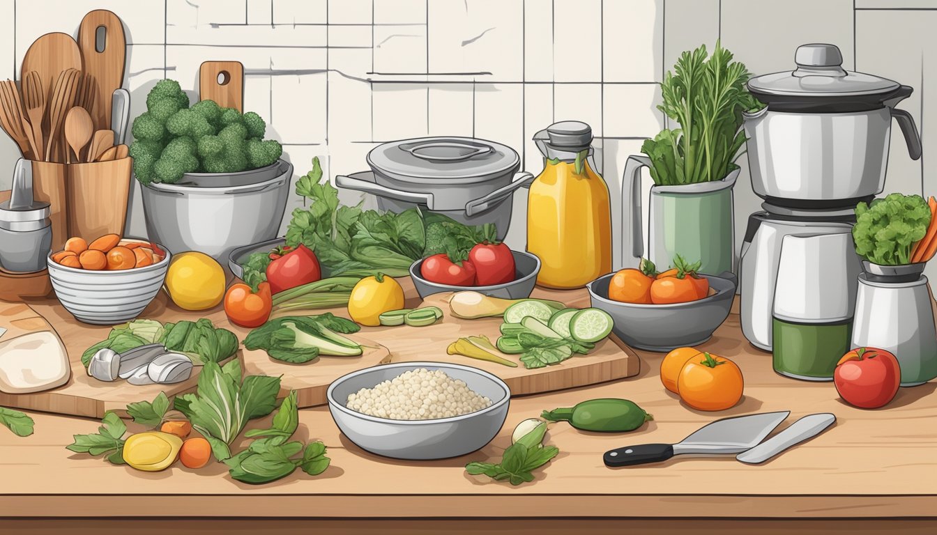 A kitchen counter with various fresh ingredients, cutting boards, and cooking utensils laid out for meal prep