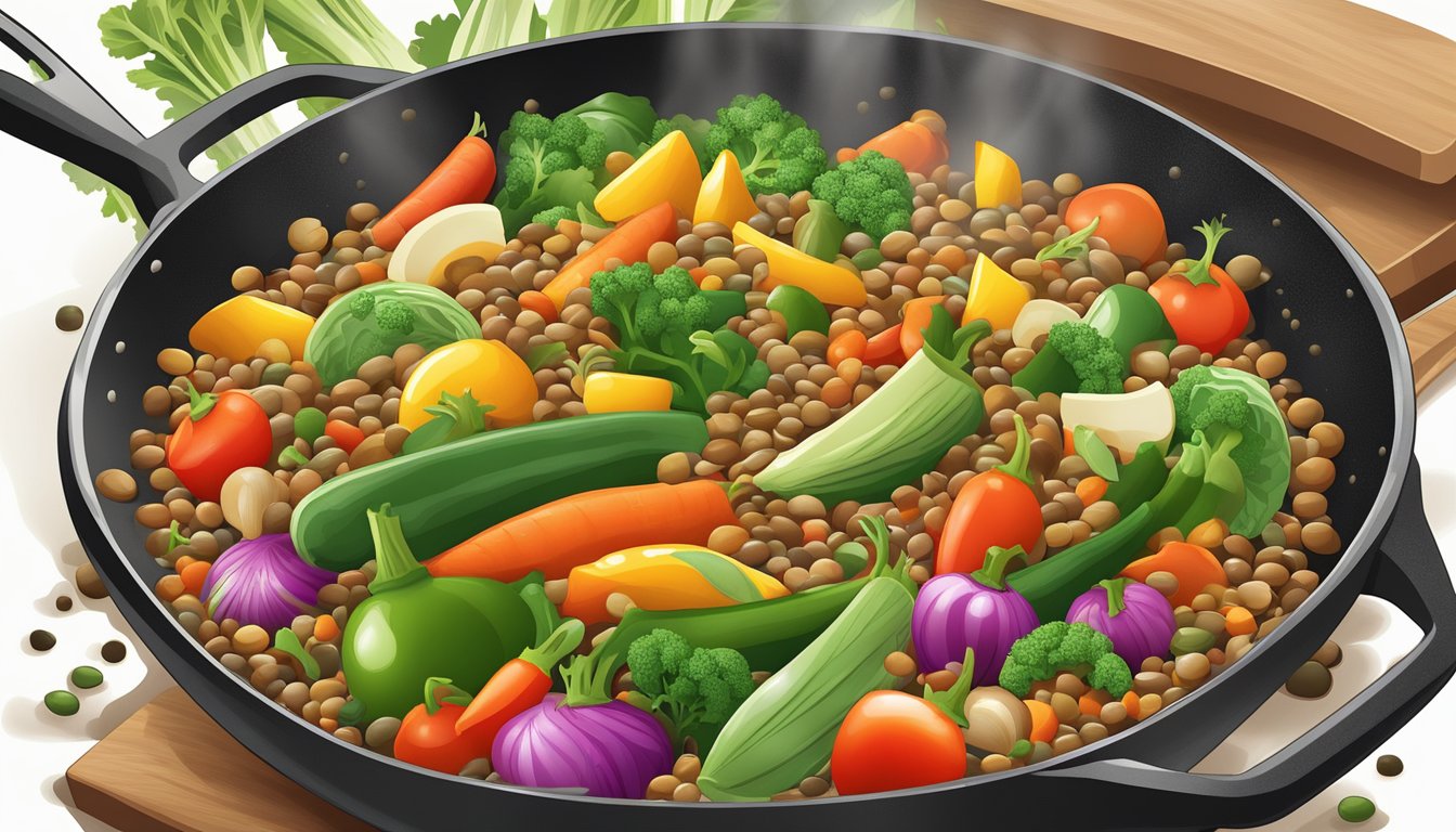 A colorful array of fresh vegetables and lentils sizzling in a hot skillet, emitting fragrant aromas as they are stir-fried together