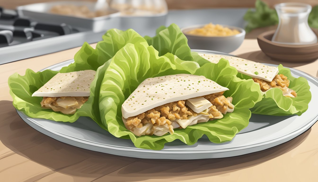 A plate of 5 lettuce wraps filled with turkey, Swiss cheese, and lettuce, ready for a low-carb breakfast