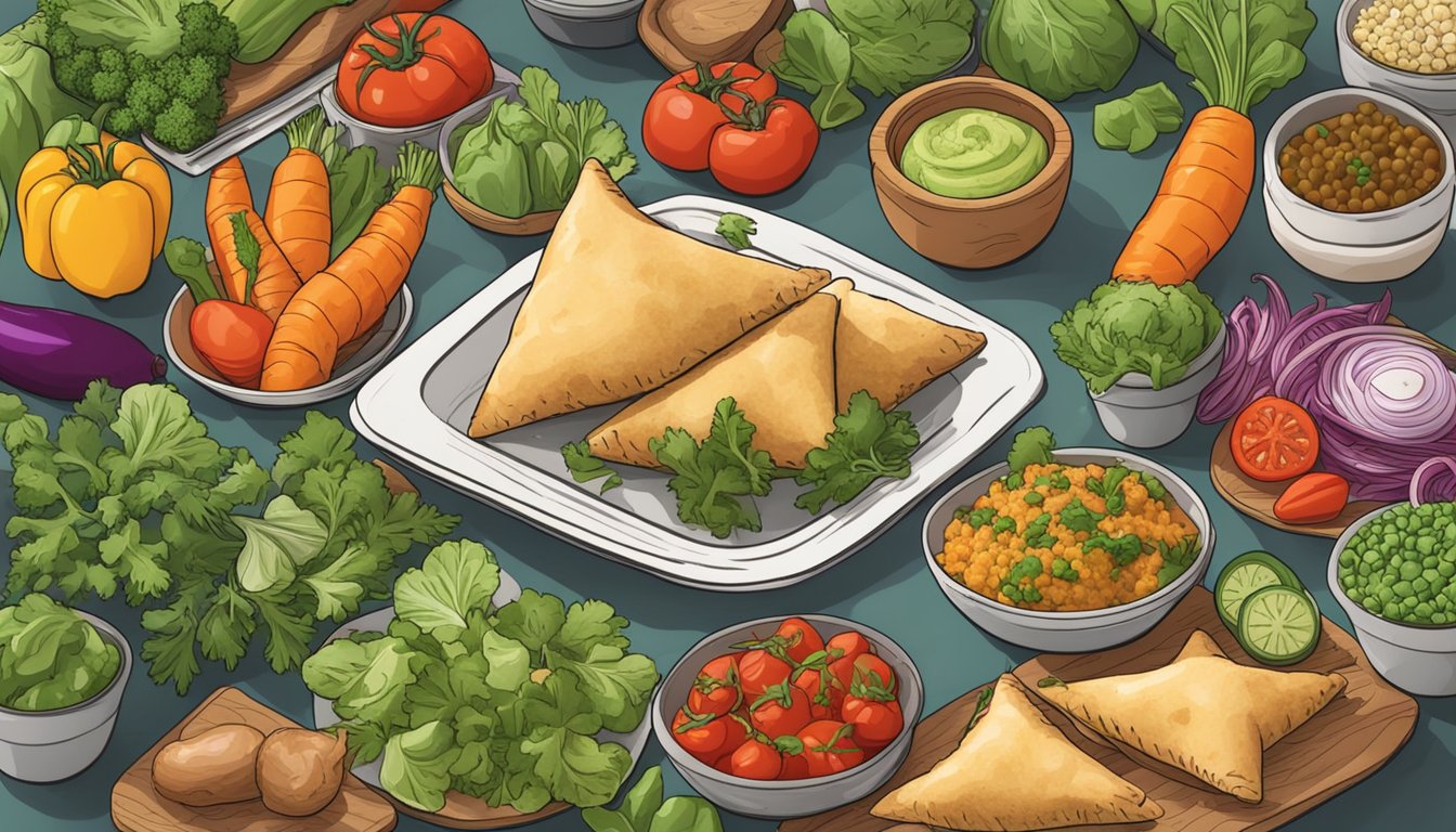 A table set with eight vegetable samosas surrounded by various colorful vegetables and herbs, representing meatless meal prep ideas