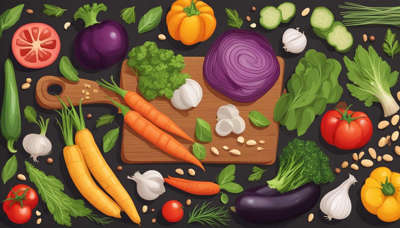 A colorful array of fresh vegetables, grains, and legumes arranged on a wooden cutting board, surrounded by various herbs and spices