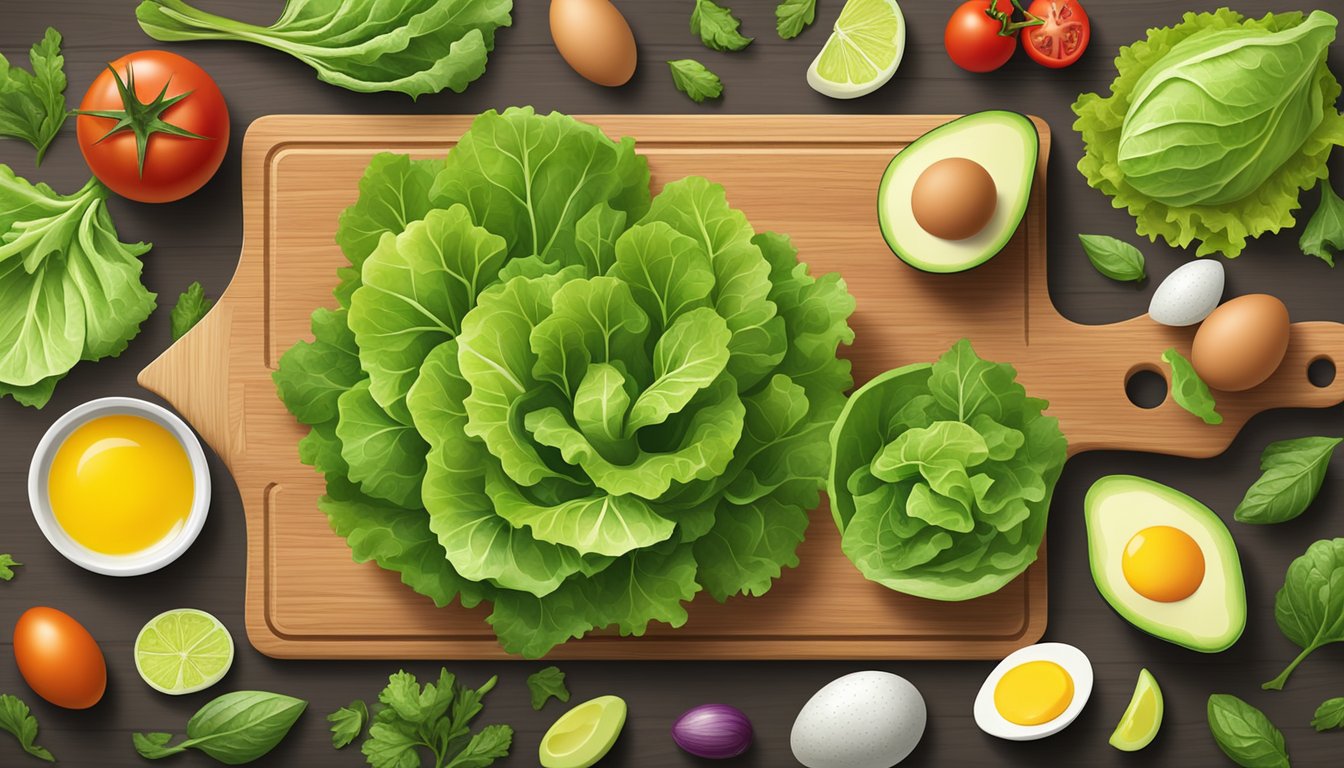 A variety of lettuce leaves arranged on a wooden cutting board, surrounded by colorful ingredients like eggs, tomatoes, and avocado