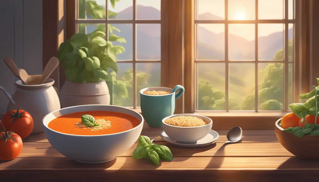 A steaming bowl of tomato basil soup with quinoa sits on a rustic wooden table, surrounded by a cozy breakfast spread. Sunlight filters through a window, casting a warm glow on the scene