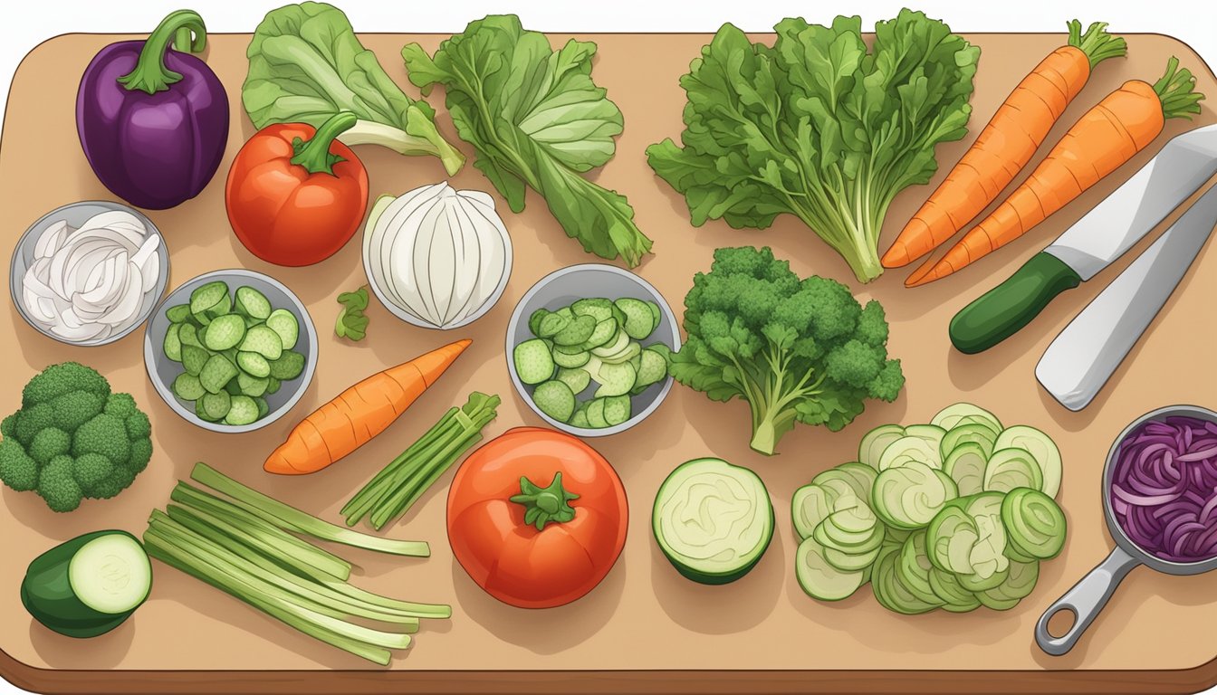 A variety of pre-cut vegetables arranged neatly on a cutting board, alongside containers and meal prep tools