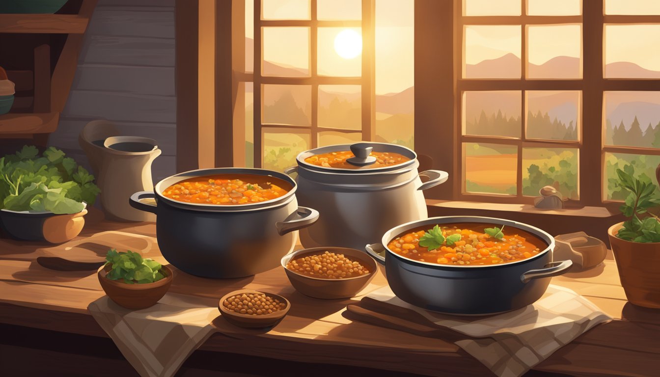 A steaming pot of lentil and sweet potato stew sits on a rustic wooden table, surrounded by fresh ingredients and a bowl of hearty soup. Sunlight streams through a nearby window, casting a warm glow over the scene